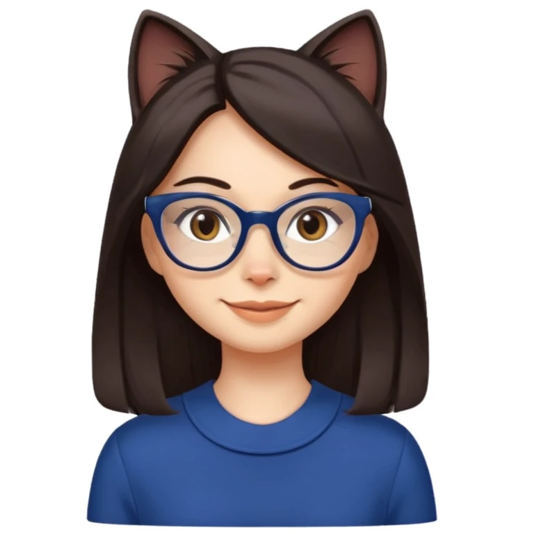 Female. Straight long hair and dark brown eyes and hair with cat eye glasses and dark blue out fit emoji