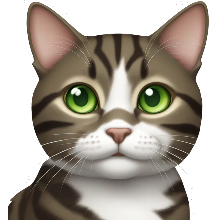 Dark Brown and white tabby cat with green eyes emoji