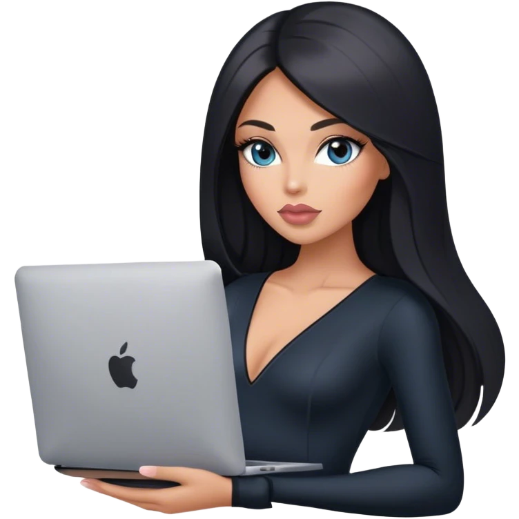 Glamours, tanned, very beautiful girl, with big pump peach-beige-rose lips, long lashes, black straight smooth silky long hair, straight parting hair, blue-grey eyes, in black v-neck bodysuit holding MacBook emoji