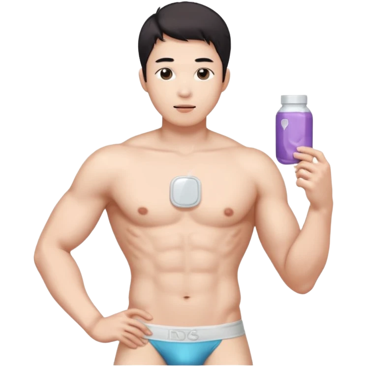 Male shirtless white skin Asian korean six pack sexy big dih lean full body without pants hold condom and jerking off emoji