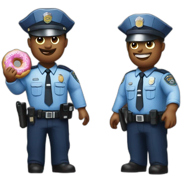 Photorealistic Kitted out police officers with donut and service sidearm and pig face emoji
