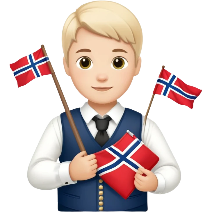 Norwegian 17th of May celebration with Norwegian flag, traditional bunad, festive atmosphere emoji