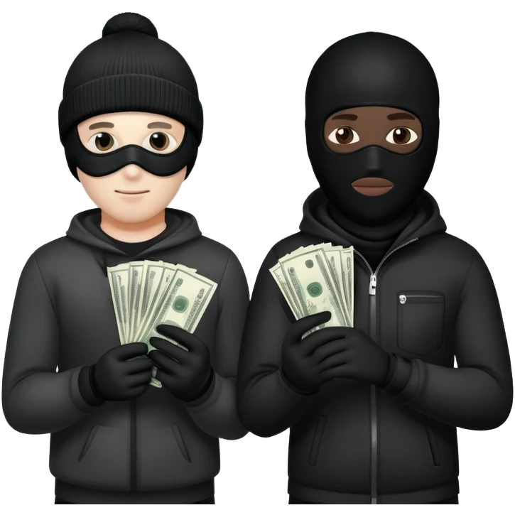 Two men one with white skin color and the other black skin color and both wearing black Ski masks holding money bag emoji
