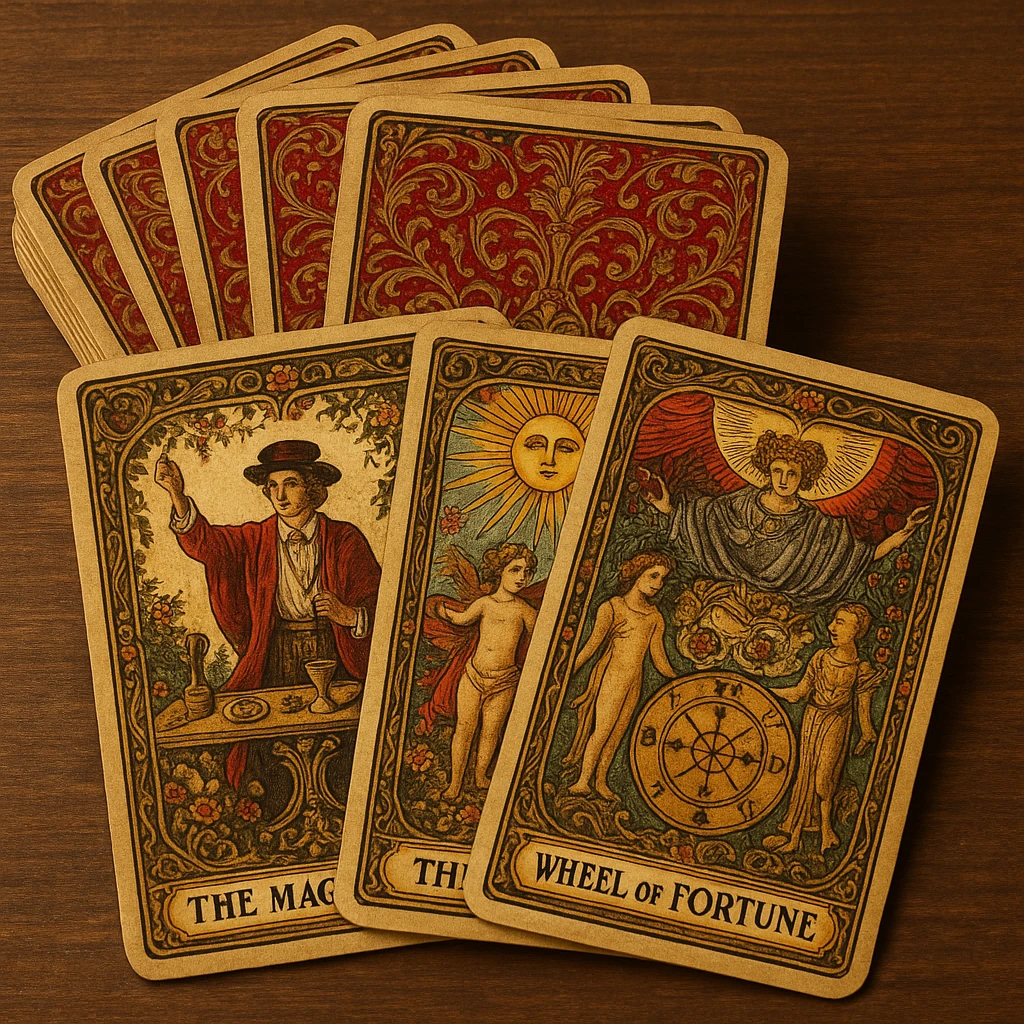 highly detailed tarot deck with decorative card backs, classic Victorian motifs, rich colors, cards stacked and slightly spread emoji