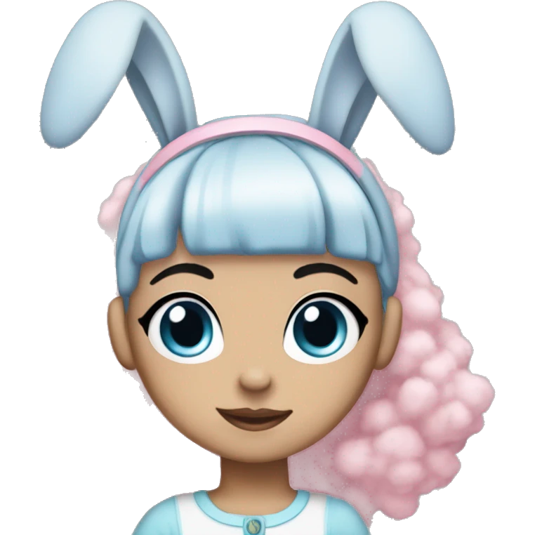 Black hairblue eyes girl emoji wit bunny ear headband pink fluffy emoji