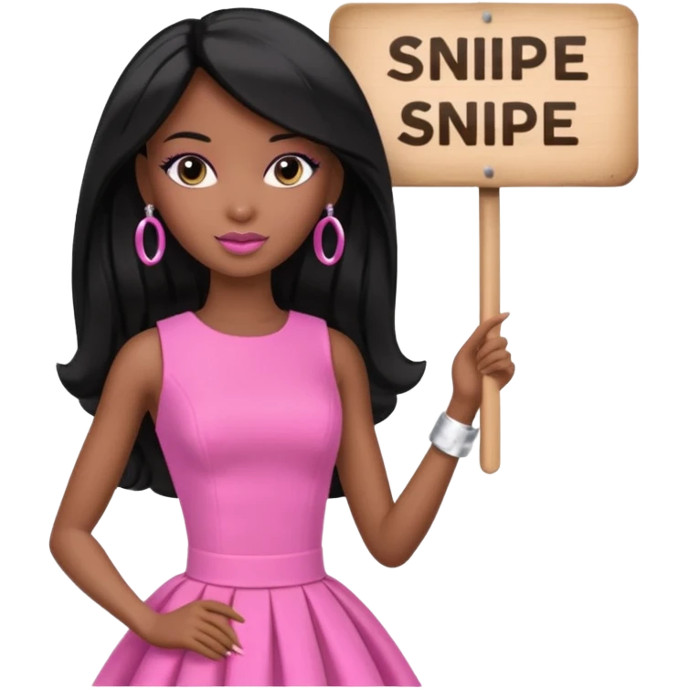 Black barbie, long black  hair, pink dress holding sign, that says snipe emoji