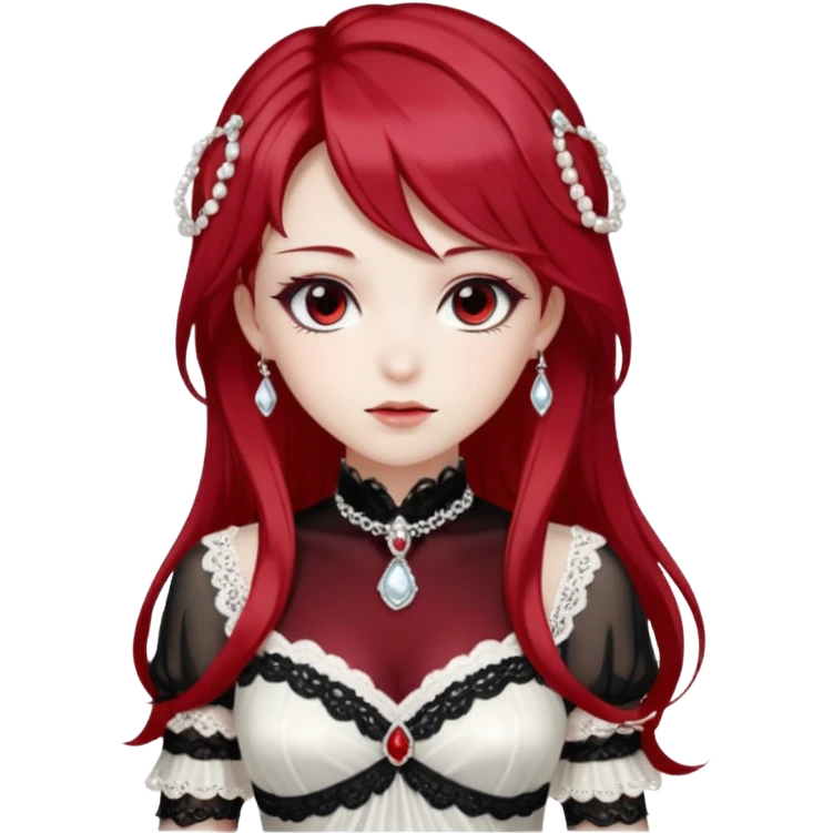 Beautiful shiny ethereal Gorgeous Anime Lady with dark hair and red hair streaks with a beautiful white silky lace dress and rubies and onyx gems  emoji
