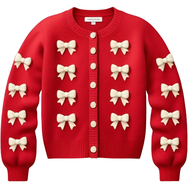 red cashmere cardigan with 8 tiny ivory bows all over front and sleeves, realistic 3d isolated, soft texture emoji