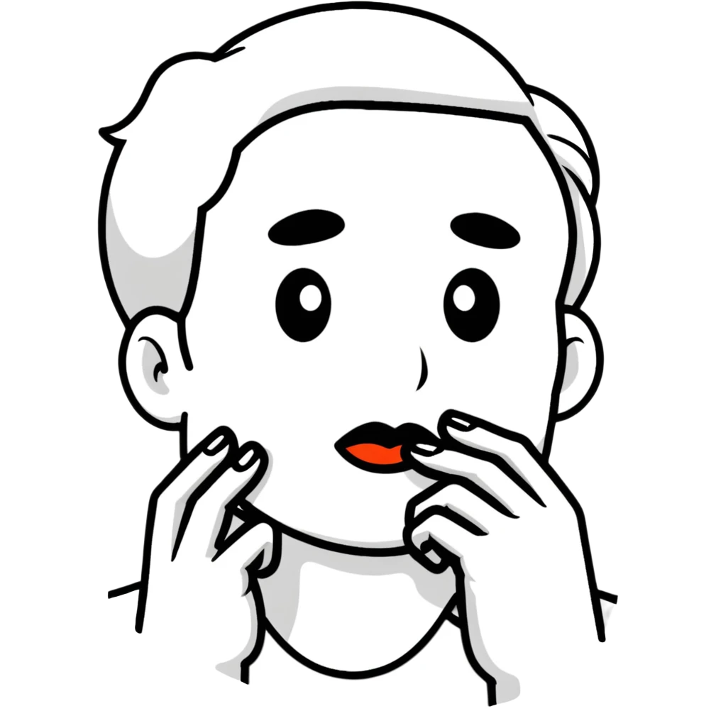 cartoon face making shush gesture with finger on lips, pointing at jaw, pressing cheekbones emoji