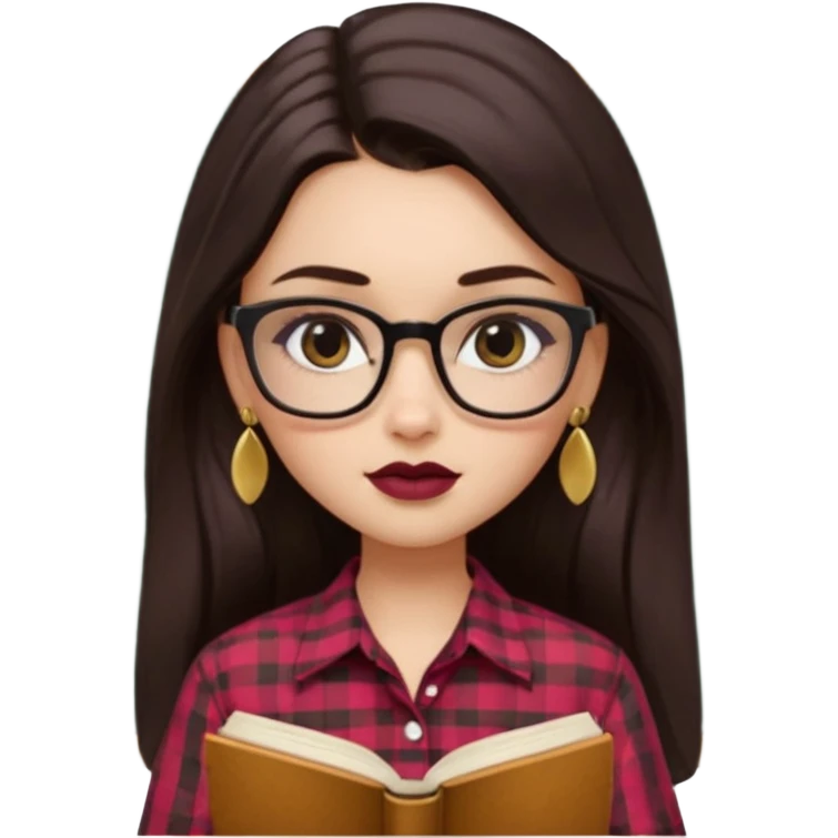 generate a pretty bratz girl with black small square spectacles, dark lipstick, gold stud earrings, a brown gingham shirt, books in hand, dark brown straight long hair, eyeliner on emoji