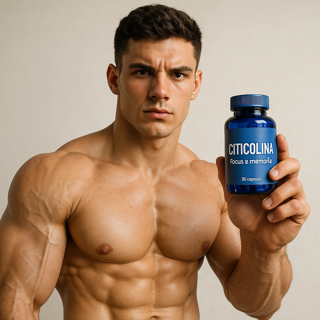 hyper realistic young bodybuilder holding a blue bottle labeled 'Citicolina' with Italian text 'Focus e memoria', sculpted muscles, focused expression, motivational atmosphere, light background emoji