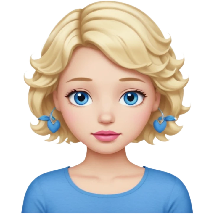 Girl Blonde short wavy hair,  blue eyes, cute blue top, long lashes, pink lips, sleeping emoji