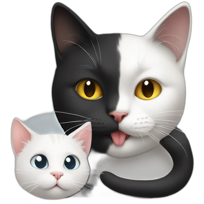 A white cat is licking a black cat emoji