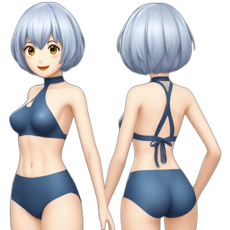 realistic full body rei ayanami nue short hair teen back and front views bikini emoji