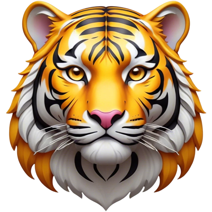 Cinematic Noble Tiger Portrait Emoji, Poised and regal, with a powerful, muscular build draped in striking, vivid stripes and intense, focused eyes, Simplified yet sharp and sophisticated features, highly detailed, glowing with a soft, wild luminescence, high shine, intelligent and majestic, stylized with an air of untamed authority, focused and commanding, soft glowing outline, capturing the essence of a watchful and confident jungle guardian that appears ready to pounce out of the screen with effortless authority! emoji