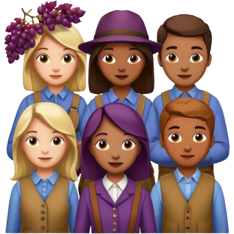 Make a photo of 5 project managers, specificly 3 girls and 2 boys, that are making project for improvment of the vineyard emoji