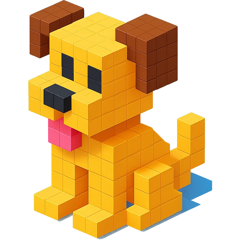 <SystemPrompt>
                <Style>
                  <Name>Voxel Emoji Art</Name>
                  <Description>A playful, isometric voxel style that mimics pixel art in 3D, commonly used for emojis, UI icons, and symbols. Rendered with bright, vibrant colors and no shadows.</Description>
                  <VisualRules>
                    <Geometry>
                      <BaseUnit>Cube</BaseUnit>
                      <GridAlignment>Isometric</GridAlignment>
                      <VoxelSize>Consistent</VoxelSize>
                    </Geometry>
                    <Color>
                      <Palette>Vivid and High Saturation</Palette>
                      <Gradient>Allowed on faces for subtle lighting</Gradient>
                    </Color>
                    <Lighting>
                      <Style>Soft studio lighting</Style>
                      <Shadows>Subtle ambient shadows</Shadows>
                    </Lighting>
                    <Detailing>
                      <Outline>None</Outline>
                      <Texture>Flat color (no texture noise)</Texture>
                      <Effects>None</Effects>
                    </Detailing>
                  </VisualRules>
                </Style>
                <Generation>
                  <PromptTemplate>
                    <![CDATA[
                      Render a voxel-style 3D illustration of a {subject}, using bright colors and blocky pixelated geometry. The object should appear playful and clean, similar to emoji aesthetics, with no shadows and no outlines. Lighting should enhance the 3D depth without harsh contrast.
                    ]]>
                  </PromptTemplate>
                </Generation>
              </SystemPrompt>
              {subject} = dog emoji