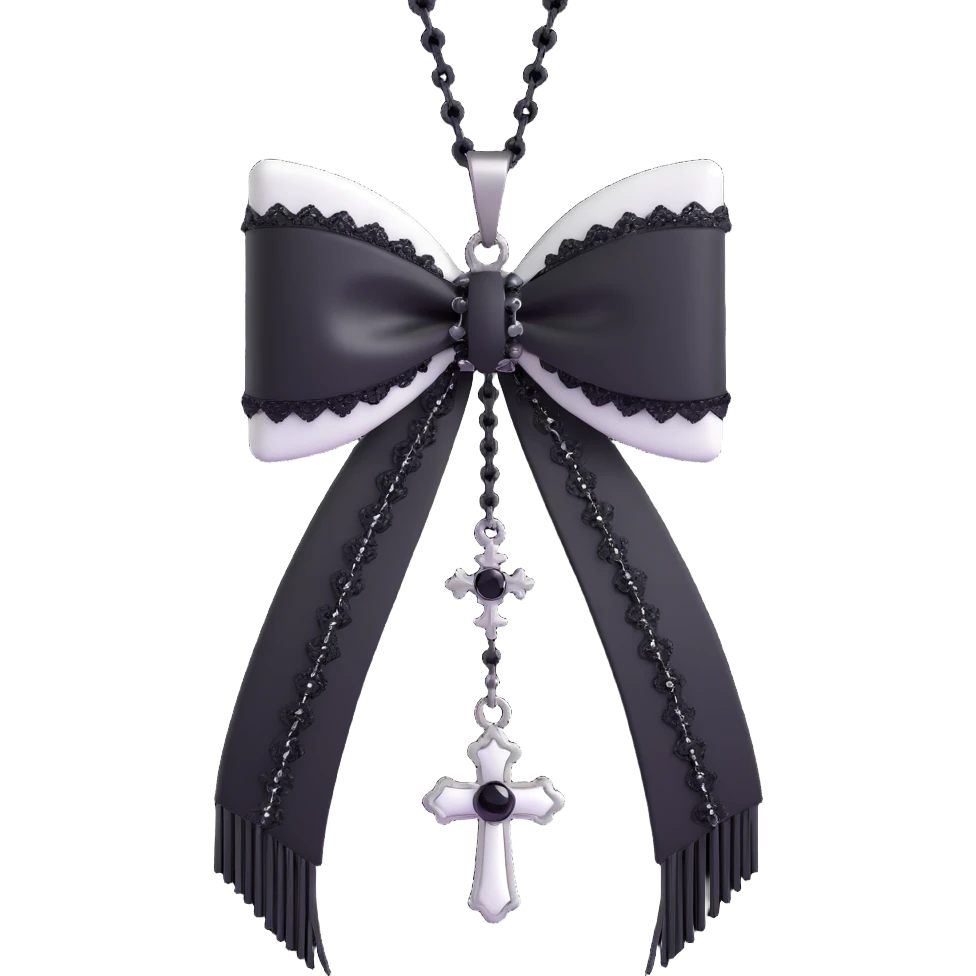 3D emoji gothic bow, white satin, silver cross charm, black lace trim, black gemstone, black chain fringe emoji