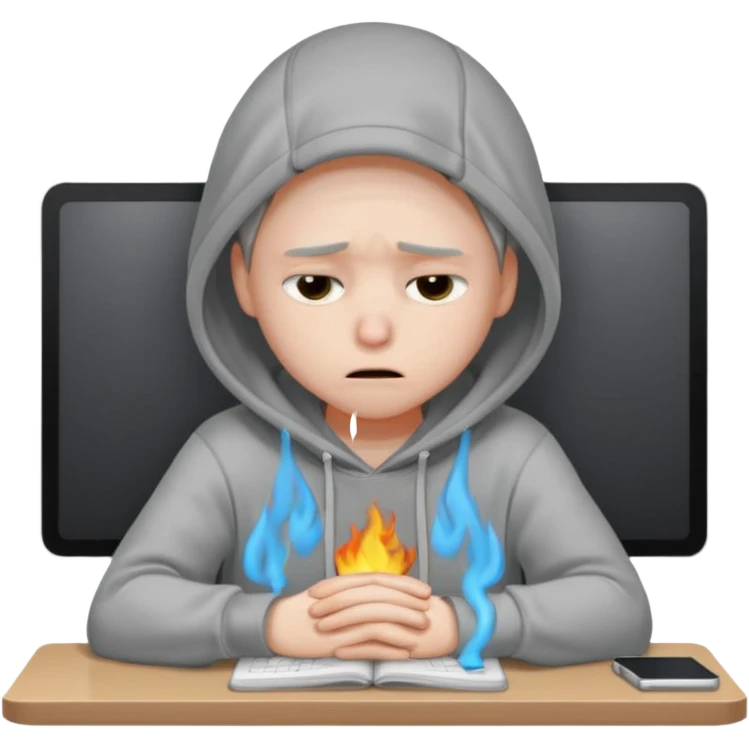 A person wearing a hoodie experiencing burnout, exhausted and overwhelmed, tired eyes, slumped posture, sitting at a desk, iOS emoji style emoji
