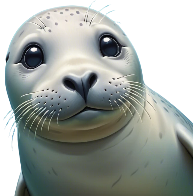 Cinematic Cute harbour seal Portrait Emoji, Head tilted playfully and inquisitively, featuring a charming, plump form with a sleek, shiny body and round, sparkling eyes full of gentle wonder, accented by a subtly contoured head, Simplified yet irresistibly adorable features, highly detailed, glowing with a warm, friendly oceanic glow, high shine, affectionate and lively, stylized with a touch of whimsical seaside charm, soft glowing outline, capturing the essence of a mischievous yet loving harbour seal that seems as if it could pop out of the screen into your arms! emoji