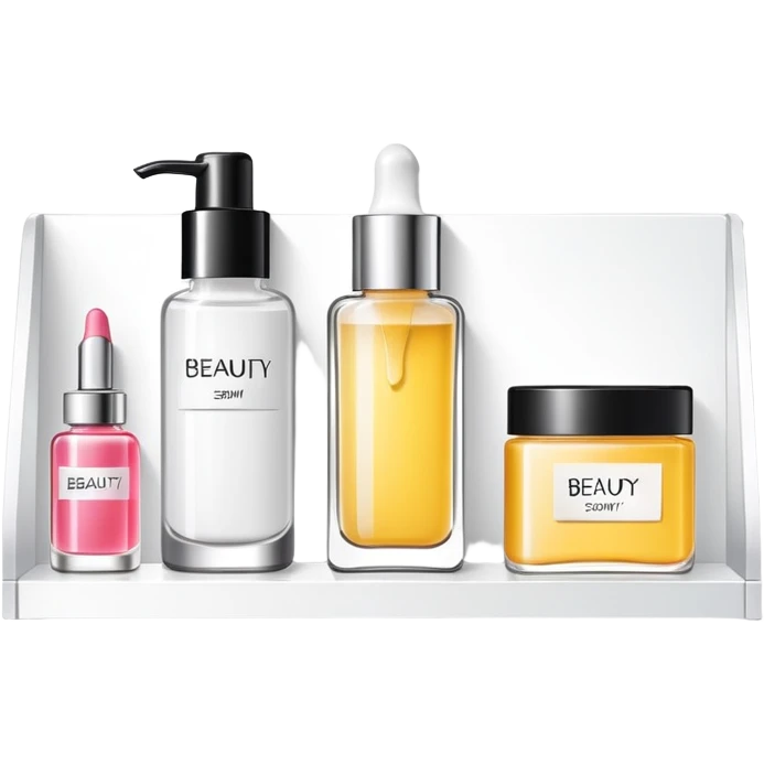 big long white shelf with one serum bottle labeled beauty brand and big sticky note emoji