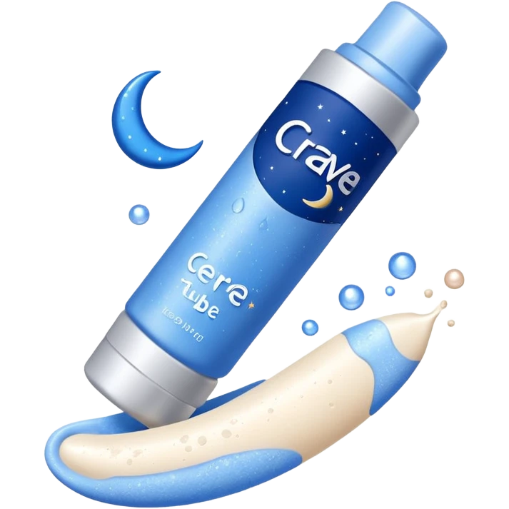Small white CeraVe tube with blue label soft beige tip, with gentle light. Surrounded by tiny floating tear-shaped sparkles and crescent moon dust, hinting at dark circle repair. Emits a soothing blue-beige aura like a targeted eye revival spell. Compact, calming, and luminous — emoji-style. emoji