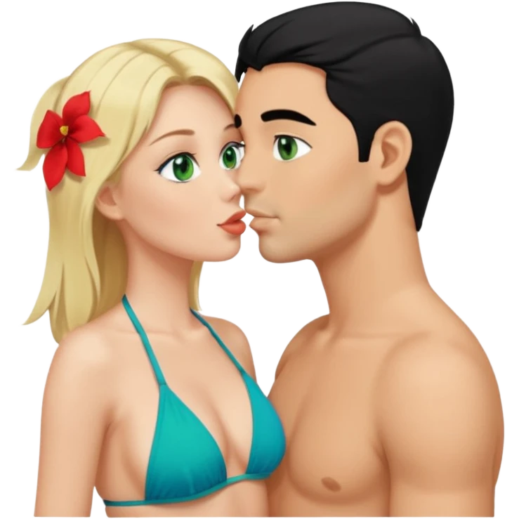 Blonde Queen with crown Green eyes blue Bikini whole body Kissing man black Hair  emoji