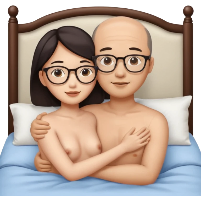 asian woman and slightly balding asian man wearing glasses naked in bed hugging emoji