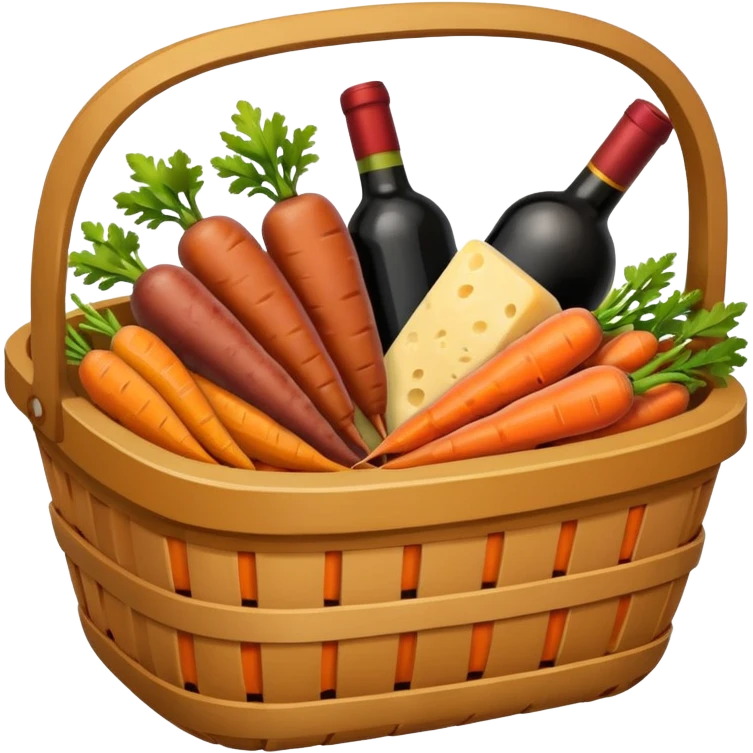 food basket with carrots, wine, sausages, cheese, simple and clear, emoji style emoji