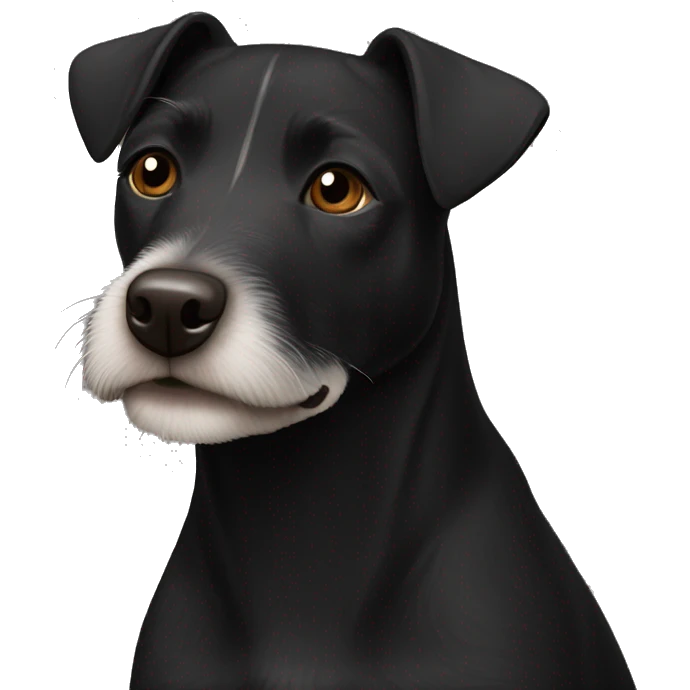 A black Patterdale Terrier dog with a white patch on its chest and brown eyes. emoji