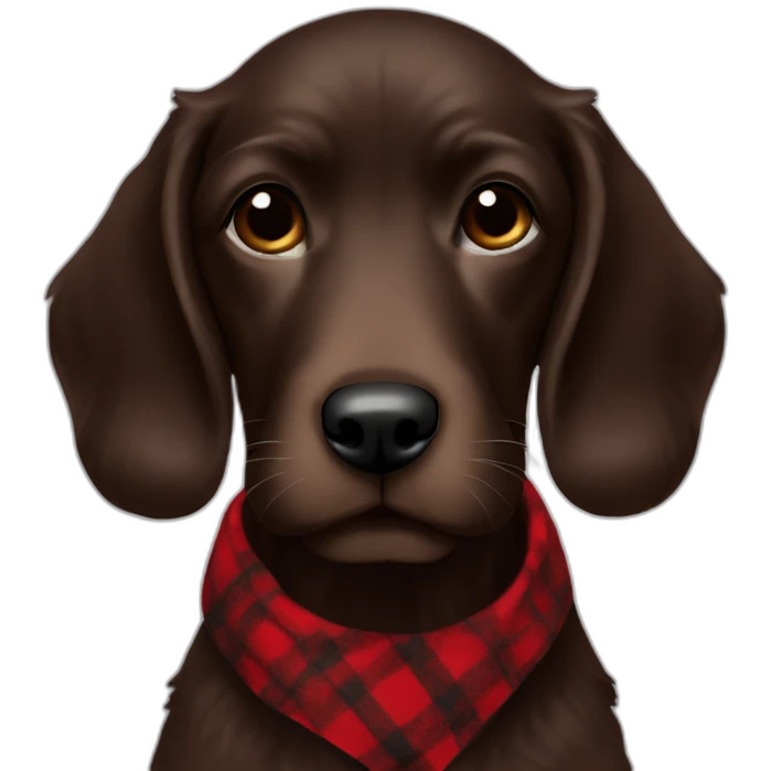 portrait Dark chocolate colored doodle wearing a red and black flannel handkerchief emoji