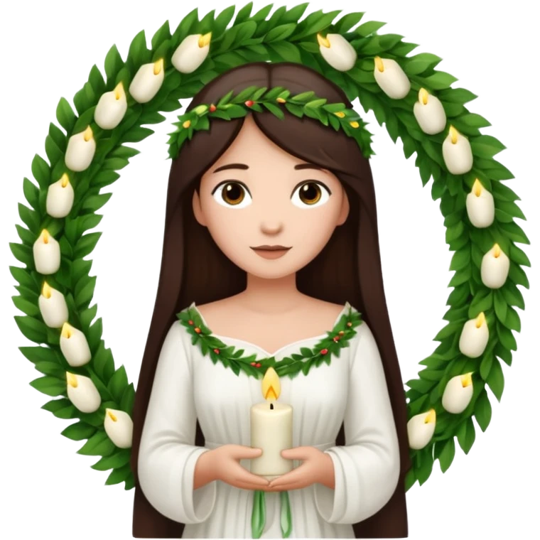  saint lucia with dark brown hair with a white gown and a wreath made from greenery and candles on top of it emoji