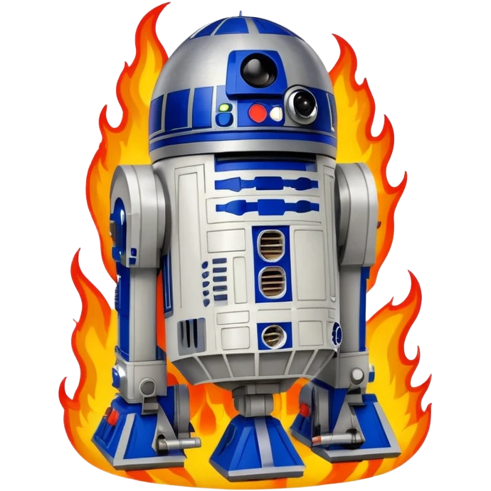 R2D2 surrounded by fire emoji
