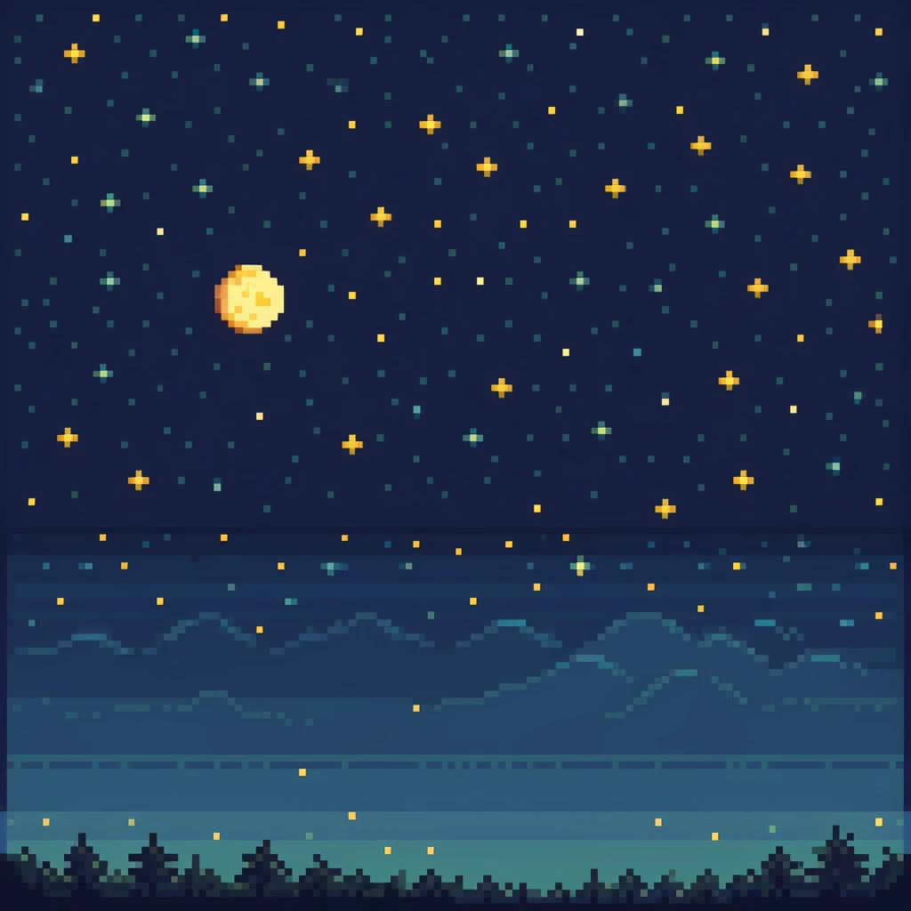 Pixel art starry night sky with twinkling stars and moon emoji