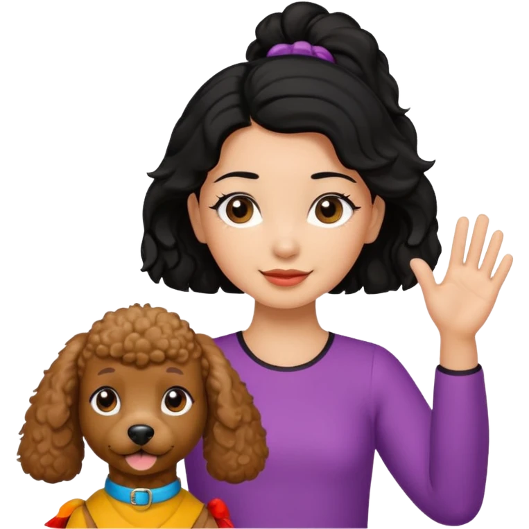 Ponytail black hair girl with brown Poodle say goodbye  emoji