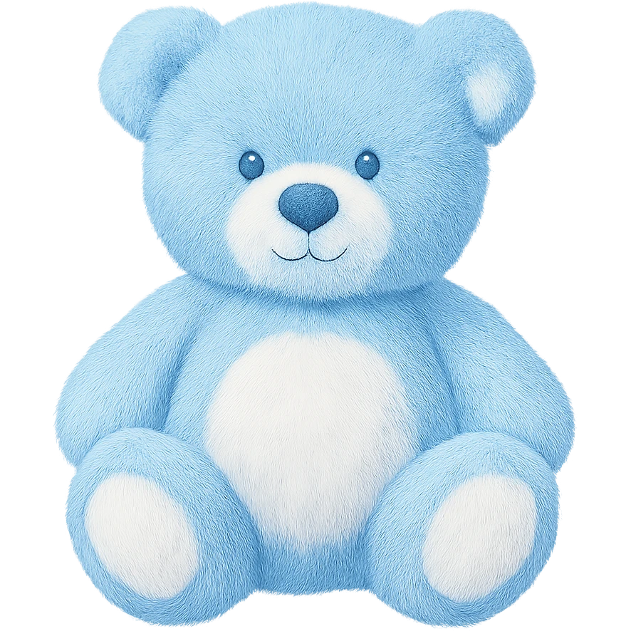 Change the teddy bear's fur to blue and white, keep it soft and plush, no shadows, flat lighting, no background. The style should maintain the original look of the teddy bear in the image. emoji