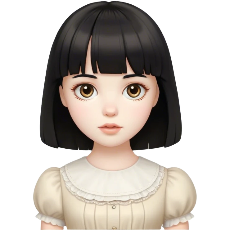 a very pale white feminine girl with medium black hair with bangs with big light brown eyes looking like a porcelain doll  emoji