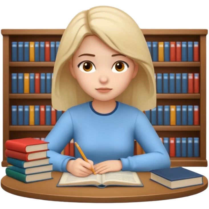 3D emoji style sticker, young woman, white background, sitting at a table with books and a notebook, calmly studying, thoughtful and slightly serious expression, slow focused learning mood, casual outfit, soft lighting, minimalistic, clean astrology emoji style emoji