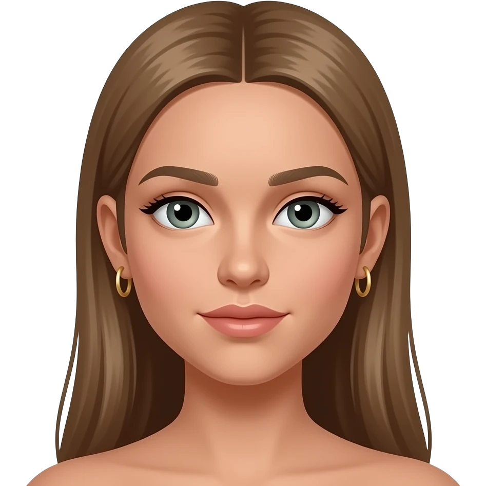 17 year old girl with very long very straight light brown hair, grey-green eyes, tan skin, two sets of small gold hoop earrings on each ear emoji