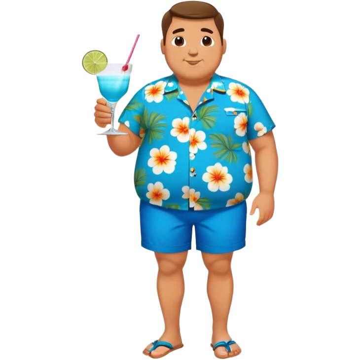 chubby guy full figure in a flowered azure havai shirt, brown shorts and flippers holding a cocktail emoji