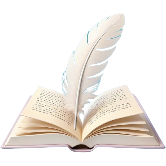 Create a delicate and poetic emoji representing poetry. The design should feature several elegantly flying pages with poetic lines written on them. The pages should appear light and flowing, almost as if being carried by the wind. Include a white feather gently resting on the pages, symbolizing creativity and inspiration. Use soft, pastel tones to give it a dreamy, artistic feel. The design should feel ethereal and whimsical, capturing the essence of poetry. Make the background transparent. emoji