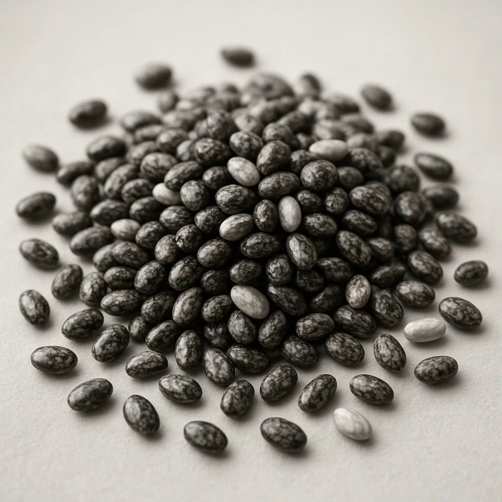 chia seeds, photorealistic, black and white seeds, close-up view, light background emoji