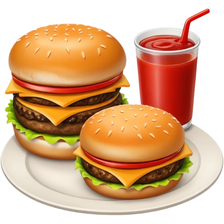i want a Cheeseburger and Fries with a angle to 15–20° gentle bird’s-eye angle with 2 sauce round plate one is white and other is red with some fries thicker like mcdonald's emoji
