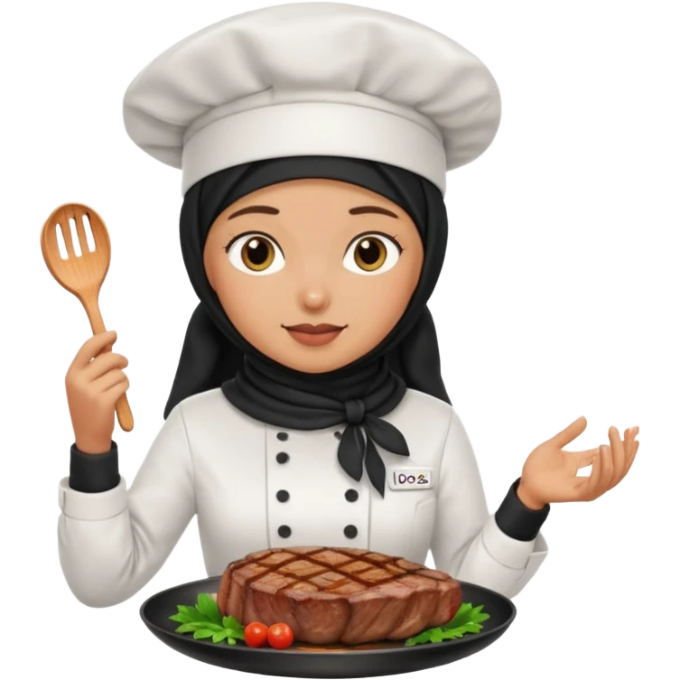 chef woman with black hijab cooking steak emoji