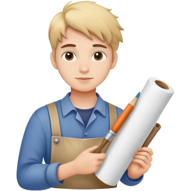 young apprentice painter with roll of drawings,  emoji