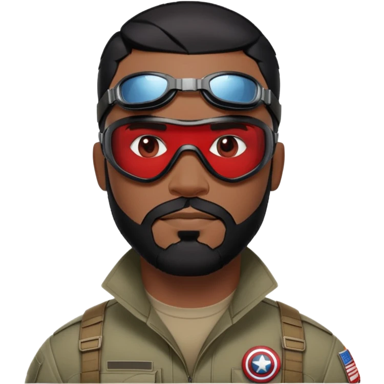 sam wilson have a short, neatly cropped black hair. It is evenly trimmed and close to the scalp, maintaining a clean and military-inspired and  a well-groomed beard that connects to his mustache,  wear sleek, red-tinted tactical goggles fit snugly from captain america: civil war emoji