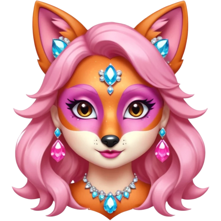 glamorous fox portrait, head and shoulders only, exaggerated pink makeup, bright eyeshadow, long eyelashes, shiny blush cheeks, sparkling face gems, glitter accents, elegant earrings, fantasy beauty style, cute 3D cartoon, mobile game icon style, clean background, no text, no watermark
 emoji