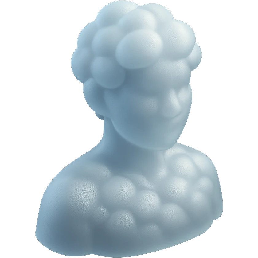 person from shoulders up, facing straight, fully composed of white fluffy convex clouds, no shadows, matte glass style emoji