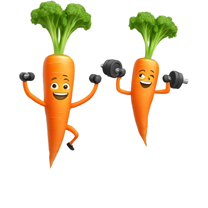 Generate an energetic carrot emoji wearing a sweatband, lifting tiny dumbbells, and looking motivated. emoji
