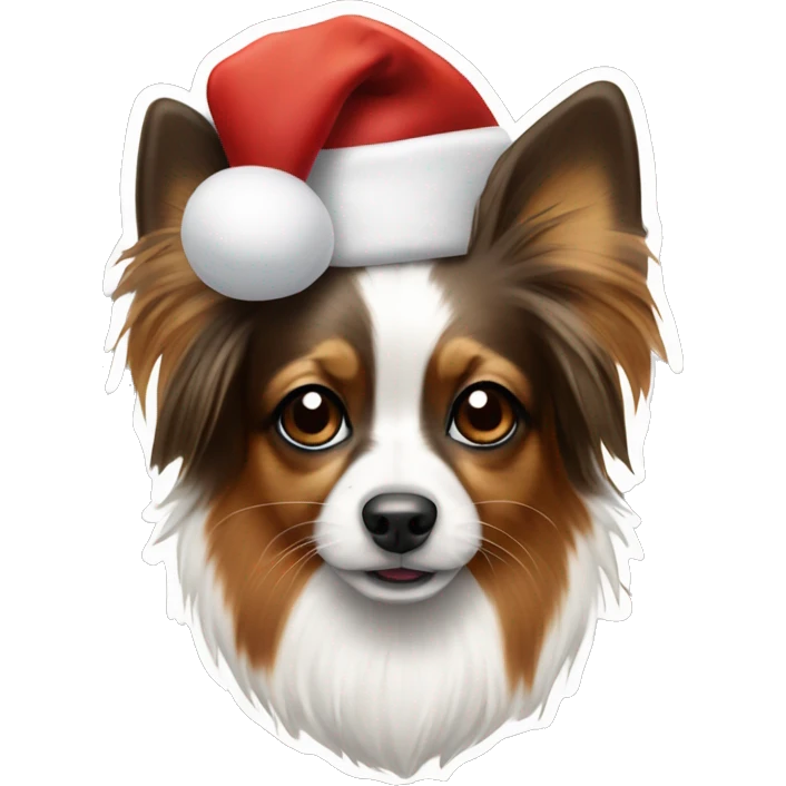 Papillon dog in black, white and brown wearing santa hat emoji